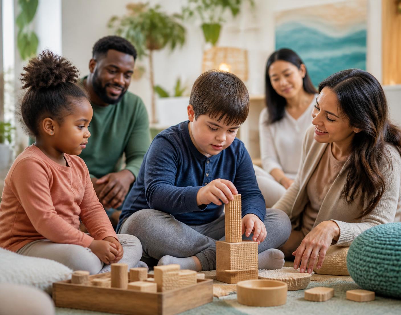 Two children and three adults sitting together on a rug, calmly building with wooden blocks in a bright community room